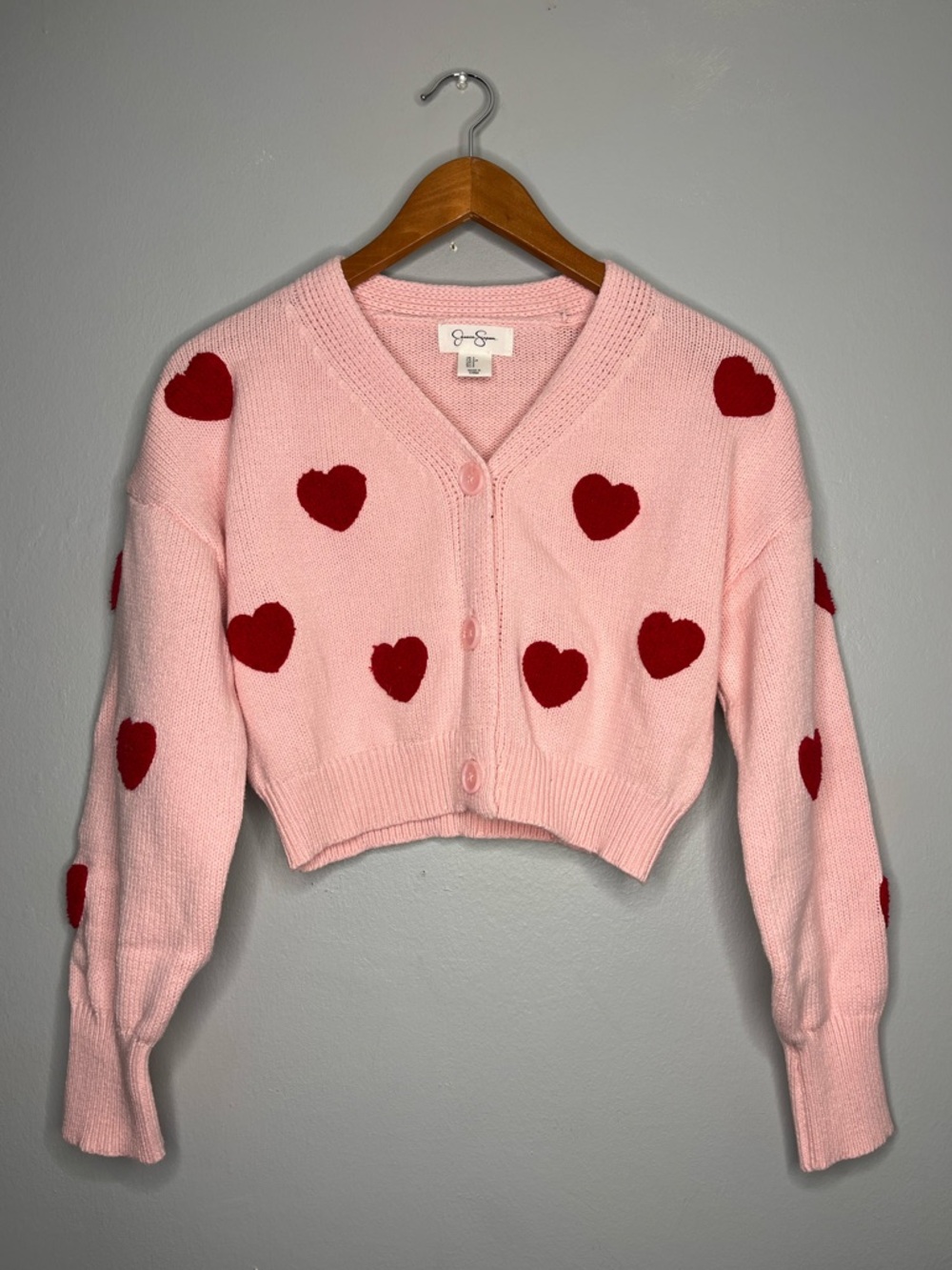 Jessica Simpson Pink Cropped Red Heart Knit Embroidered Cardigan Sweater